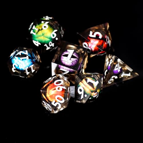 DND Dice Set Dungeons and Dragons Dice, 7 Piece Liquid Core Eye Dice Set D&D Dungeons and Dragons Sharp Edge Resin Dice with Gift Box, Polyhedral Role Playing RPG Dice D20 D12 D10 D8