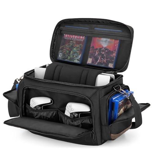 LoDrid Travel Carrying Case Compatible with PS5/PS5 Slim/PS4/PS4 Pro, Black | Protective Gaming Bag with Handle and Shoulder Strap for Console and 15.6" Laptop