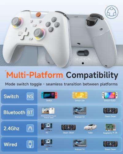 EasySMX 2.4G Wireless Bluetooth Controller for PC/Steam/Switch with Hall Triggers, Hall Joysticks and RGB Light- Upgraded PC Controller Compatible with Black Myth: Wukong, Multi-Platform Support - color: grey white