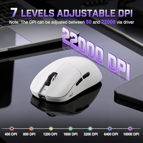 YUNZII M1 PAW3311 Sensor Wireless Gaming Mouse (White) | 7-Level DPI Adjustment Up to 10000 DPI, Stable 1000Hz polling rate, 60g Lightweight Design, Easy Software for Win & Mac - color: White