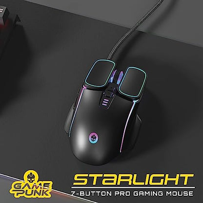 Game Punk RGB Pro Gaming Mouse with LED Lights | Computer Mouse Wired w/ 7 Buttons | Universal Wired Mouse, 3600 DPI, Side Buttons for Video Games, Game Consoles | PC Gamer Mouse for PS5, XBOX, Laptop - color: Black, RGB
