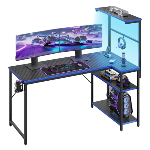 52" L-Shaped Gaming Desk with Power Outlets LED Lights, Black&Blue | Reversible Design, LED Lights, 4-Tier Storage Shelves, Headphone Hook, Foldable Cup Holder, Computer Desk, Home Office - color: Black&blue, size: 52 Inch