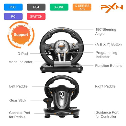 PXN V3 PRO Racing Wheel with Pedals for PC, Xbox, PS4, Switch | 11-Inch Wheel, Vibration Feedback, Paddle & Sequential Shifting, 180° Steering, 2-Pedal, Plug & Play Setup for Easy Gaming - color: Black