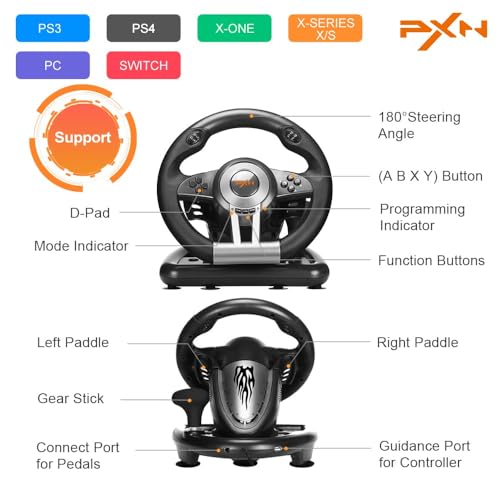 PXN V3 PRO Racing Wheel with Pedals for PC, Xbox, PS4, Switch | 11-Inch Wheel, Vibration Feedback, Paddle & Sequential Shifting, 180° Steering, 2-Pedal, Plug & Play Setup for Easy Gaming - color: Black