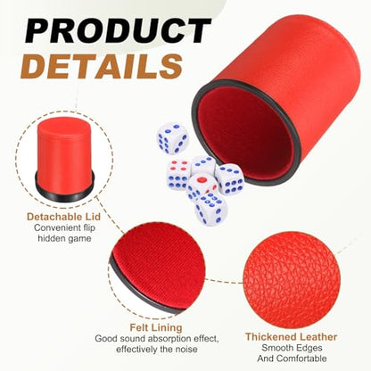 uxcell Felt Lined Professional Dice Cup, PU Leather Quiet Shaker Cups with Lid Includes 6 Dot Dice for Bar Gatherings Party Board Games, Red