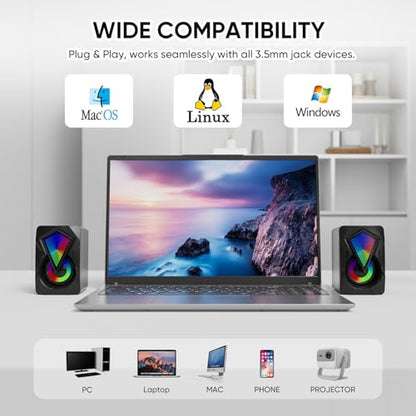 Computer Speakers for Desktop, USB Powered Stereo Speakers with RGB Lights | Rich Stereo Sound, Colorful RGB Lighting, Compact Design, Simple Volume Control, and Plug-and-Play Setup for Laptop Monitor