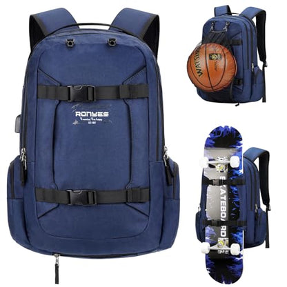 Ronyes Skateboard Backpack, Skateboard Bag,17.3 Inch Laptop Backpack with USB Charging Port, Basketball Longboard Backpack for Sports Travel Blue