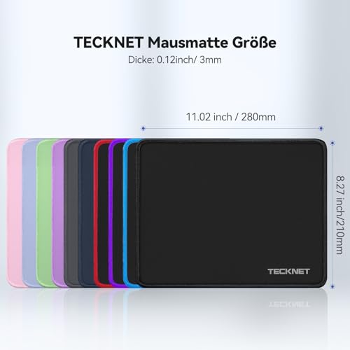 TECKNET Mouse Mat 270 x 210 x 3 mm Gaming Mouse Pad, Non-Slip Rubber Base, Waterproof Surface, Stitched Edges Mouse pad, Compatible with Laser and Optical Mice - color: Black