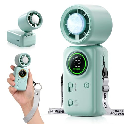 FurBall 4-IN-1 Portable Handheld Fan with Ice Cooling, High-speed Turbo Power 100 Gear Adjustable, LED Display, 6000mAh Rechargeable Battery, Foldable & Quiet Personal Fan for Travel, Office, Outdoor - color: Mint Green