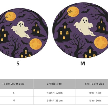 Famame Ghost Castle Purple Halloween Round Fitted Tablecloth with Elastic Protector Table Kitchen Dinner Waterproof Oil-Proof Table Covers Fits 40"-44", Small - color: Ghost Castle Purple Halloween, size: Small (40"-44")