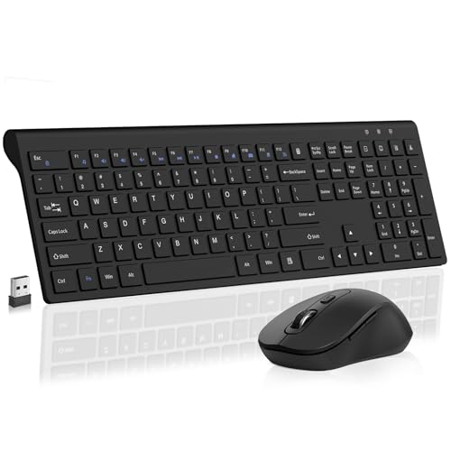 Ultra Thin Ergonomic Silent Wireless Keyboard Mouse Combo Grey | Full-size keyboard with calculator key, 2400 DPI mouse, USB cordless kit compatible with Laptop, Windows & Mac - color: KM458-Black