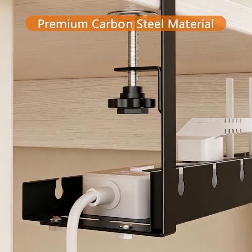 Under Desk Cable Management Tray, Expandable 25.2inch-38.6inch No Drill Clamp-On Wire Organizer, Heavy Duty Metal Cord Hider for Standing Desk Home Office, Black