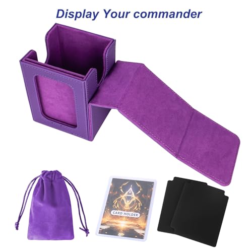 AFIING MTG Deck Box for Commander Display,Card Deck case Fits 100 Double Sleeved Cards, Magic Commander TCG Card Storage Box with 2 Dividers,Dice Bag and 1 Toploader(Purple) - color: Commander Purple