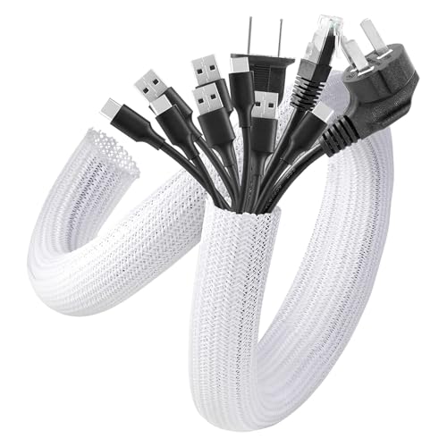 AGPTEK Cable Sleeve, 2Pack 5ft - 1.6 inch Cable Management Desk Cord Cover Organizer Wire Hider for Home Office Computer TV Wire Loom Tubing Pet Proof Cord Protector from Cat Dog Chewing, White - color: White, size: 1.6"-10ft