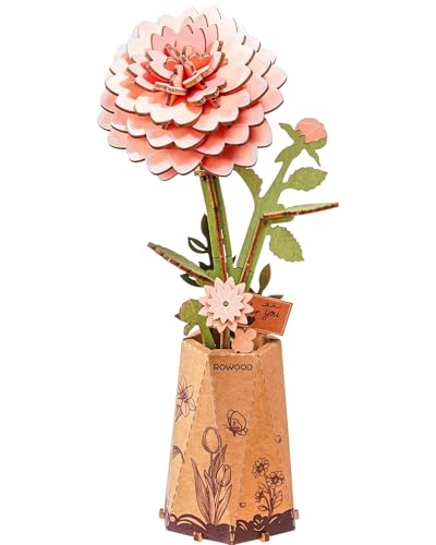 Rowood 3D Puzzle,Mother's Day DIY Wooden Flower Building Craft Kits for Adults,Botannical Collection Home Decor,Christmas/Birthday/Teacher's Day/Valentine's Day Gift- Pink Dahlia - style: Pink Dahlia