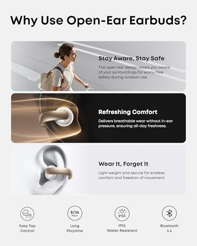 Soundcore AeroClip by Anker, Open-Ear Earbuds, Clip-On Headphones, Adaptive Comfort, Clear Calls with 4 Mics and AI, Stable Fit, 12mm Drivers for Powerful Bass, Hi-Res, Open-Ring Design | Ultra-Comfort for Running Workout, Stable, Power Bass, Hi-Res, 32H