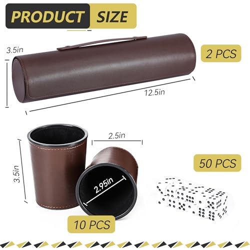 2-Pack Leather Dice Cup Set, 10 Brown Cups, 50 Dice with 2 Storage Cases | PU leather dice set with 5 felt-lined cups, 25 dice and storage case for Liar’s Dice, craps, backgammon and party games - color: Brown X2