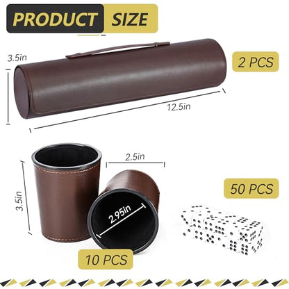 2-Pack Leather Dice Cup Set, 10 Brown Cups, 50 Dice with 2 Storage Cases | PU leather dice set with 5 felt-lined cups, 25 dice and storage case for Liar’s Dice, craps, backgammon and party games - color: Brown X2