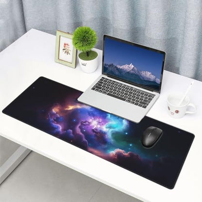 Large Gaming Mouse Pad Desk Mat, Blue Purple Galaxy Extended Keyboard Mouse Pad Mousepad with Non-Slip Base and Stitched Edge Mouse Mat Desk Pad Mouse Pads for Desk Home Office, 31.5 x 11.8 - color: Blue Purple Galaxy