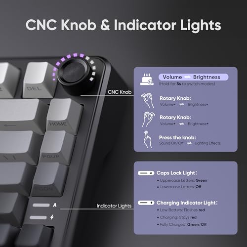 RedThunder K75 Wireless Mechanical Gaming Keyboard, 75% Hot Swappable Creamy Keyboard with Knob, RGB Backlit, Pre-lubed Linear Switches, Side Engraved PBT Keycaps, Wireless/Wired/BT5.0, Gradient Gray - color: Gradient Gray