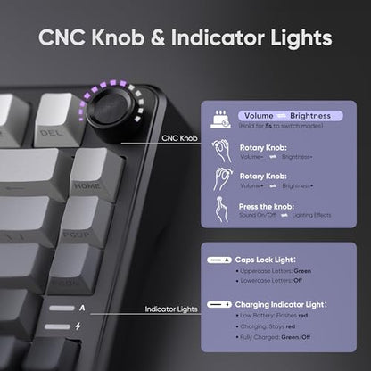 RedThunder K75 Wireless Mechanical Gaming Keyboard, 75% Hot Swappable Creamy Keyboard with Knob, RGB Backlit, Pre-lubed Linear Switches, Side Engraved PBT Keycaps, Wireless/Wired/BT5.0, Gradient Gray - color: Gradient Gray