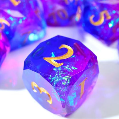 XENOLU DND Dice Set, Diamond Cut Sharp Edge Polyhedral Resin Dice with Holographic Foil, Two-Color Blue Purple Gradient Tabletop Roleplaying Game Dice - RD-Mixed4 - color: Rd-mixed 4