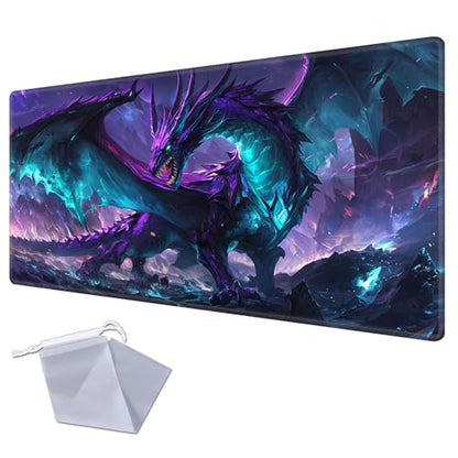 Patterned Gaming Playmat Compatible with MTG, Compact Card Game Mat with Stitched Edges, Natural Rubber Desk Pad with Transparent Drawstring Bag, 23.6 x 13.7 Inch, Dragon Purple Blue Glowin - color: Dragon Purple Blue Glowin, size: 24"X14" Regular