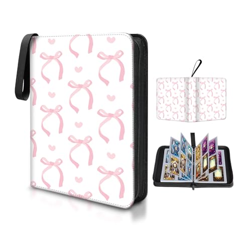 AXUASSILD 4 Pocket Card Binder, Premium Trading Card Holder Fits 400 Cards With 50 Removable Sleeves, Cute Portable Collection Card Ablum Holder Cute White Pink Bowtie - color: Cute White Pink Bowtie