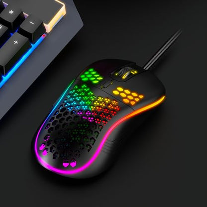 DC G40U Wired Gaming Mouse, RGB Honeycomb Ergonomic Design, 4 DPI Levels (1200/2400/4800/7200), Optical Sensor, Plug and Play, Compatible with PC, Mac, Tablet (Black) - color: Black
