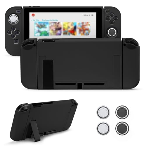 JINGDU Protective Case Compatible with Switch, Dockable TPU Cover Accessories for Console and Grip Joy-Con, The Switch Protector with 4 Thumb Grip Caps, Black - color: Black, size: Switch 2017
