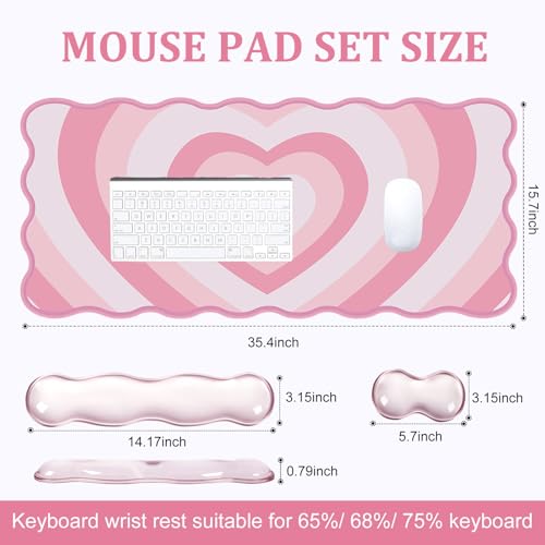 L-SPOUTTO Pink Heart Mouse Pad Set,Scalloped XXL Desk Mat + Ergonomic Mouse Wrist Rest + Gel Keyboard Wrist Rest for Keyboard 65%/75%,3in1 Large Desk Pad for Desktop Home Office Computer Game - color: Pink Heart