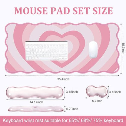 L-SPOUTTO Pink Heart Mouse Pad Set,Scalloped XXL Desk Mat + Ergonomic Mouse Wrist Rest + Gel Keyboard Wrist Rest for Keyboard 65%/75%,3in1 Large Desk Pad for Desktop Home Office Computer Game - color: Pink Heart