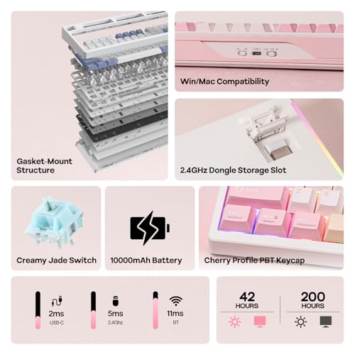 EPOMAKER TH108 PRO Full Size Mechanical Keyboard with Screen & Knob, Wireless Gaming Keyboard with 10000mAh, Creamy Gasket, Hot Swap, Custom Driver, RGB Backlight, NKRO (Pink, Creamy Jade) - color: Pink, size: Creamy Jade