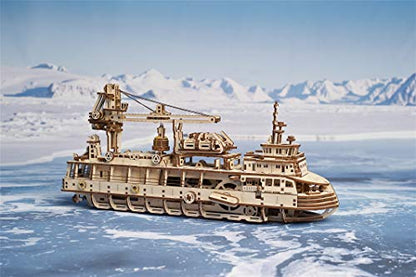 UGEARS Research Vessel 3D Wooden Puzzles for Adults - Wooden Model Kits for Adults Model Ship Kit for Adult Mechanical Model Kit Puzzle Brain Teaser Hobby Set Home Decoration