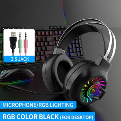 Gaming Headset,7.1 Surround Sound Wired Gaming Headset with Noise Cancelling Mic, Ultra Stable Headphones with 50mm Drivers Memory Foam, RGB Light, Black - color: Black