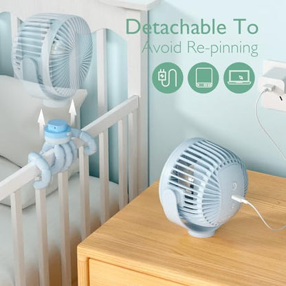Momcozy 8000mAh Portable Stroller Fan, 27H Ultra-long Battery Life Detachable 4 Speed 360°Rotate LED Night Light with 2 Modes, USB Rechargeable Handheld Cooling Fan for Travel/Car Seat/Bedroom - color: Blue