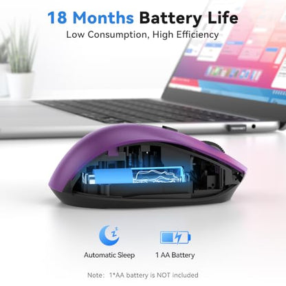 TECKNET Wireless Mouse for Laptop, (BT5.2/3.0 & 2.4G) Bluetooth Wireless Mouse, Silent Click, 5-Level Adjustable DPI, Ergonomic Portable Computer Mice for Laptop, PC, MacBook, Chromebook - color: Purple