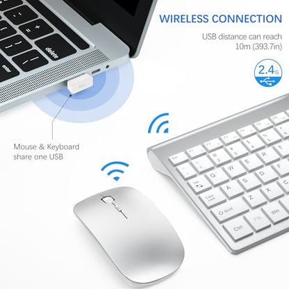 Wireless Keyboard and Mouse Ultra Slim Combo, TopMate 2.4G Silent Compact USB 2400DPI Mouse and Scissor Switch Keyboard Set with Cover, Batteries Included, for PC/Laptop/Windows/Mac - Silver White - color: Silver White
