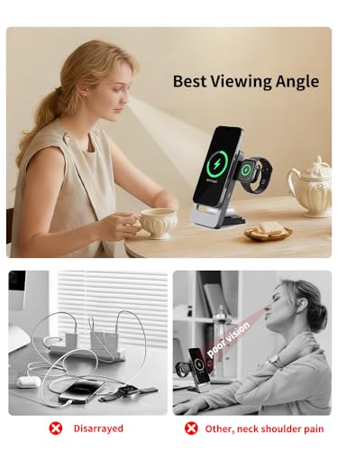 3-in-1 Foldable Wireless Charging Station for iPhone, Apple Watch, AirPods, Aluminum Alloy Frame, 15W Fast Charging, 0-180 Adjustable Stand, Qi Magnetic Wireless Charger (Gray)