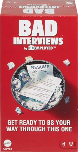 Mattel Games Bad Interviews by Funemployed Party Game, Game Night for 3 or More Players, Hilarious Quick-Thinking Interview Card Game