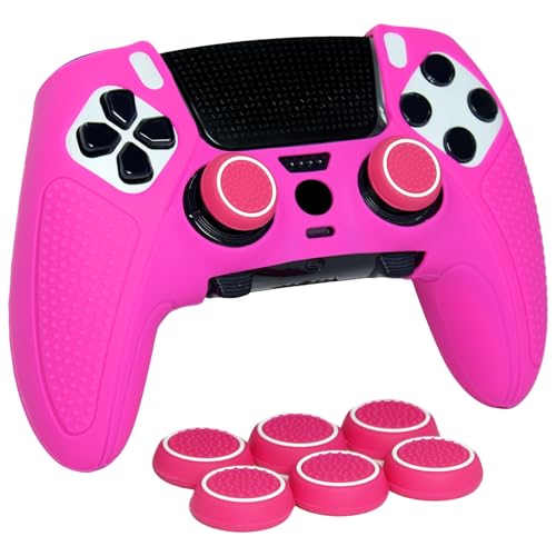 Pink Anti-Slip Controller Skin,Studded Edition Protective Silicone Cover Skin Grips Compatible with PS5 Edge Controller and 6 PCS Thumb Grips Caps. - color: Pink