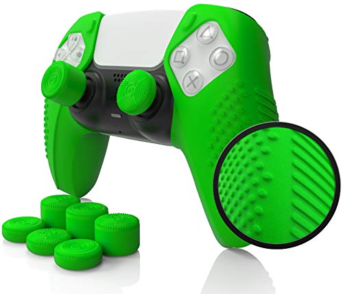 SensePro PS5 Controller Skin Grip, Anti-Slip Studded, Green | Dock Compatible, Soft Gel Silicone Cover for Playstation 5 Dualsense, Rubber Protector, Raised Thumb Grip Caps - color: Green