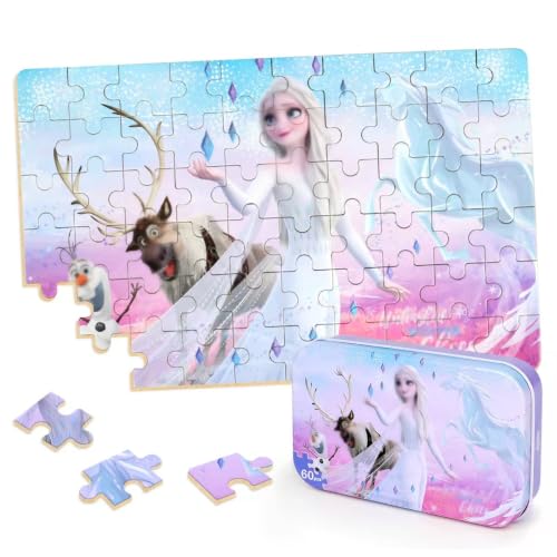 Puzzles for Kids Ages 4-8,Kid Puzzls in a Metal Box,Winter Princess Snowman Deer Horse Small Puzles,Kids Boys Girls Learning Educational Puzzes Packed in Tin Box,60 Pieces - color: Pink60