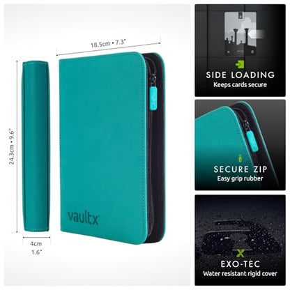 Vault X 4 Pocket Zip Trading Card Binder 160 Cards Exo-Tec (Teal) | Holds 160 standard-size TCG cards in 20 side-loading 4-pocket pages. Padded, water-resistant Exo-Tec cover. - color: Teal