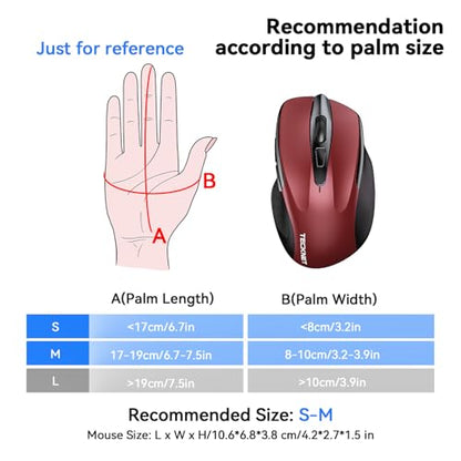 TECKNET Rechargeable Jiggler Wireless Mouse, Dual-Mode Connectivity, Red | Silent USB A & Bluetooth Mouse, 6 Adjustable DPI, 6 Buttons, Ergonomic Design, Long Battery Life, Multi-Device Compatibility - color: Red