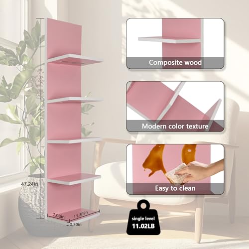5 Tier Pink Wall Shelf Unit | Wall Shelves for Bathroom, Bedroom, Vanity, Wall Mount Vertical Lack Shelf, With LED - color: Pink