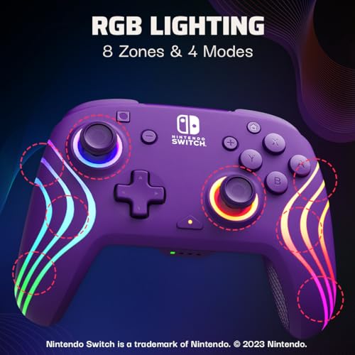 PDP Afterglow Wave Wireless Nintendo Switch Pro Controller with Motion Controls, Fully Licensed for Switch/OLED, Customizable LED Lighting, 30 Foot Range, 20 Hour Rechargeable Battery Power: Purple (Renewed)