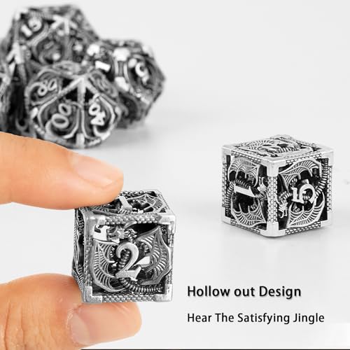 7PCS DND Dice Set, Premium Hollow Metal Polyhedral Dice with Treasure Chest & Dice Bag, Gift for Men & Women, Dungeons and Dragons, TTRPG RPG Tabletop Games(Antique Silver) - color: Antique-silver