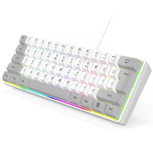 Wired RGB Gaming Membrance Keyboard. 60 Percent Mini Creamy LED Computer Keyboard .Small Ergonomic Clicky Teclado with ABS Backlit Unreplaceable Keycaps. (White Case + Grey Keycaps)