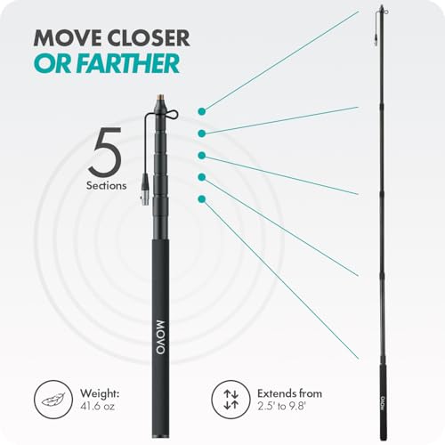Movo CMP-17C Professional 9.8' Aluminum Boom Pole for Shotgun Microphones with Internal XLR Cable – Compatible with Rode NTG Series, Sennheiser MKE600, Audio-Technica AT875R & More